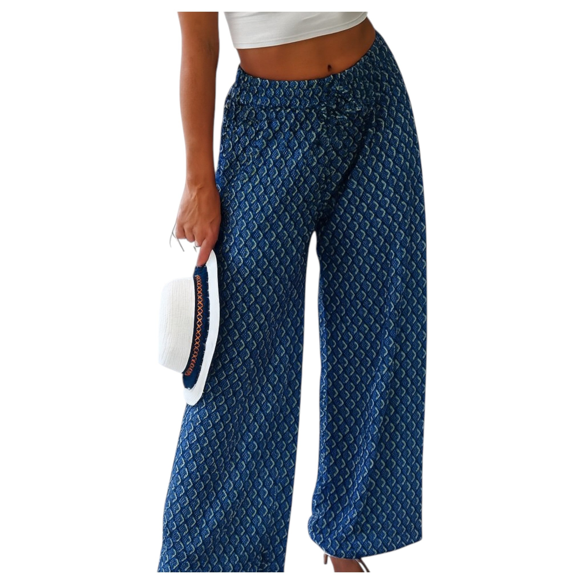 Ladies fashion palazzo trousers wide leg lightweight printed summer pants with drawstring waist casual boho style